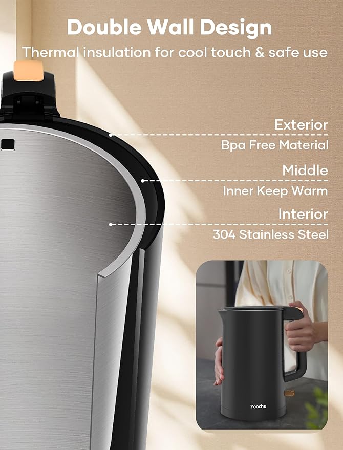 Electric Kettle, Double Wall 1.7L Stainless Steel Cool Touch, Water Boiler & Heater, 1500W Hot Tea Pot, Boil Dry Protection & Cordless Base, BPA-Free, Black Gold