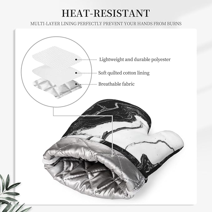 Oven Mitts and Pot Holders Marble Black White Liquid Abstract Silicone Kitchen Accessories Set of 4 Heat Resistant Long Gloves Potholder Non-Slip Grip for Chef Cooking Baking Grilling BBQ
