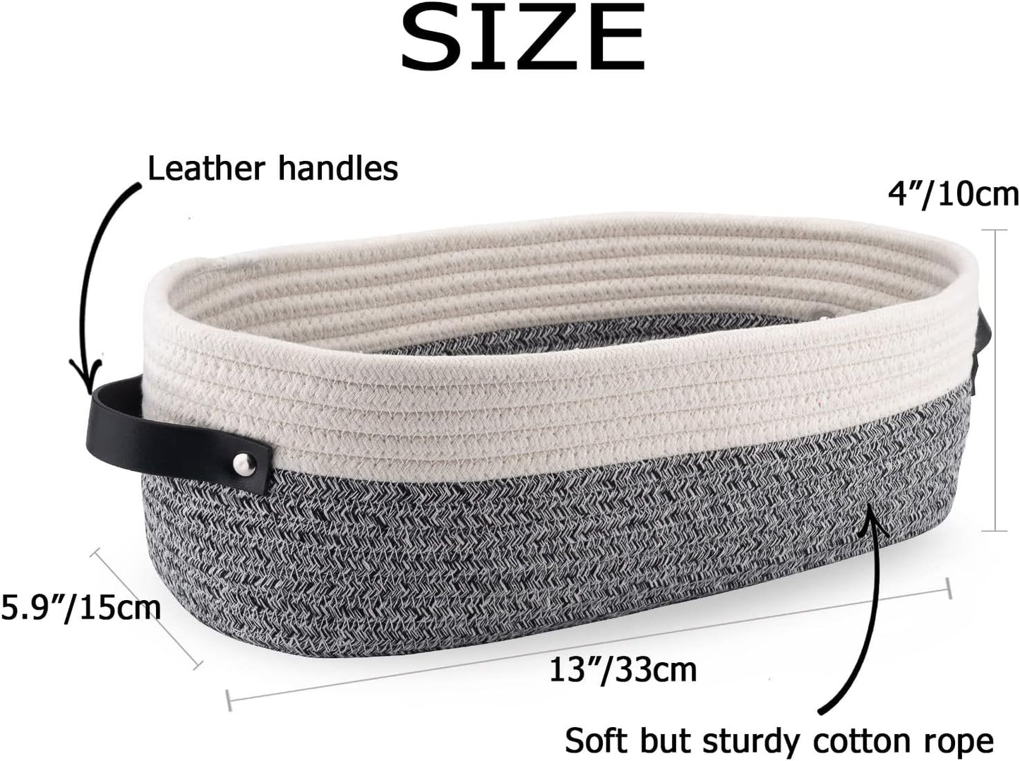 Small Cotton Rope Woven Basket Toilet Paper Baskets for Organizing Decorative Basket for Boho Decor Small Storage Basket 13"x5.9"x4" Variegated Gray&White