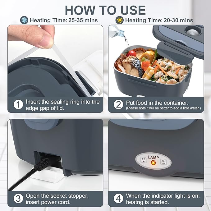 Herrfilk Electric Lunch Box Food Heater, 3 in 1 Ultra Quick Heated Lunch Boxes for Adults, 12V/24V/110V Portable Food Warmer for Car/Truck/Office With Fork Spoon and Insulated Carry Bag