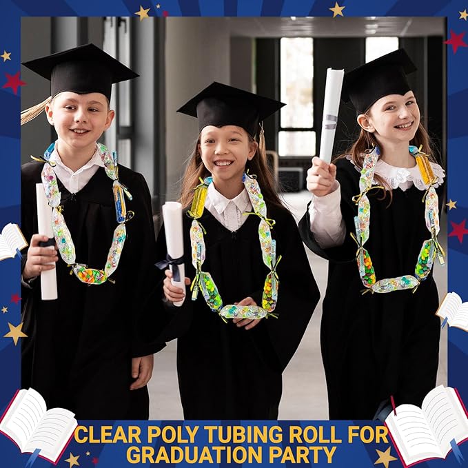 Candy Lei Poly Tubing, 3 Inch x 1000 ft Clear Graduation Candy Lei Making Kit with 4 Rolls 250 yd Ribbon, Clear Shipping Poly Tubing for DIY Graduation Wreaths Packing Snacks