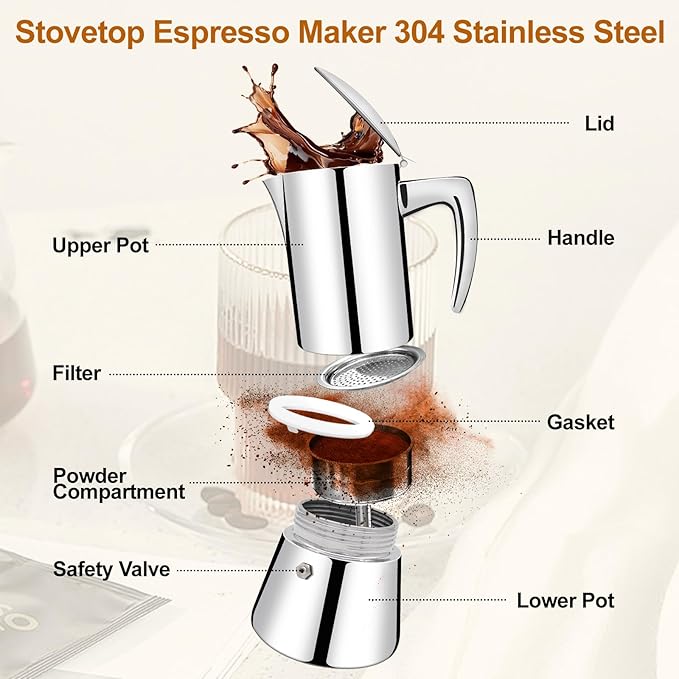 No Coating 2 Cup Thickened 304 Stainless Steel Moka Pot Stovetop Espresso Maker Italian Coffee Machine 100ml 3.3oz Suitable for Gas Induction Stovetop Greca Coffee Maker Percolator