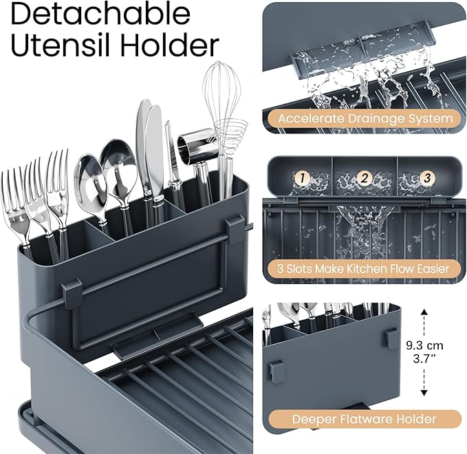 Dish Drying Rack Large Capacity - Stainless Steel Dish Rack for Kitchen Counter with Drain Board, Rustproof Dish Drainer with Auto Drain Spout, Utensil Holder & Glass Holder, Dinnerware Organizer
