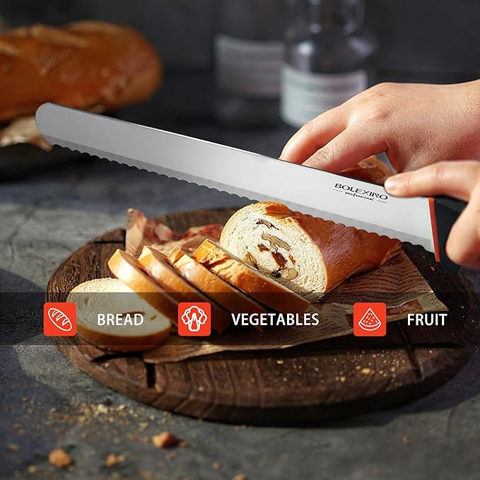 12 Inch Wavy Edge Serrated Bread Knife With Non-Slip Softgrip, Sharp & Long Blade For Homemade Bread, Crusty Breads, Cake, Bagel, Japanese High Carbon Stainless Steel