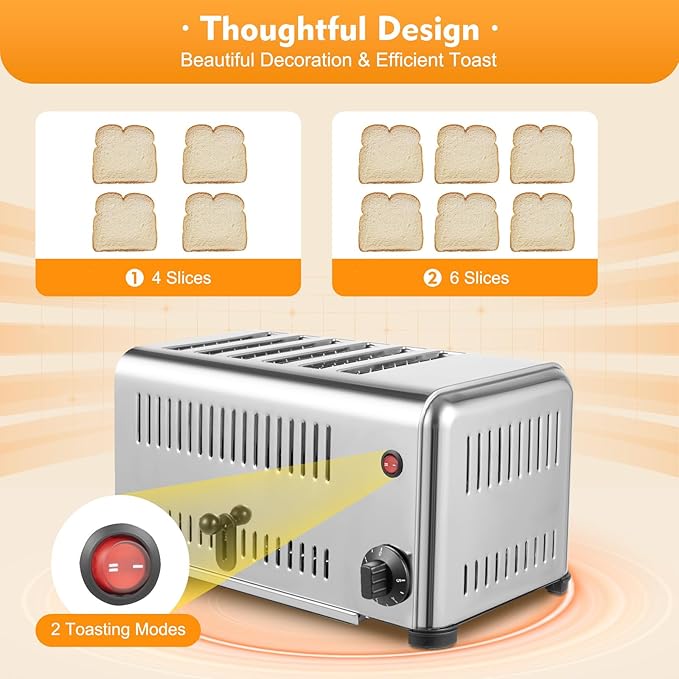 Stainless Steel 6 Slice Toaster, Electric Bread Baking Machine Commercial Toaster with Crumb Tray and Timer Bread Toasters for Home Kitchen Restaurant Bakery (2 Modes/1680W)