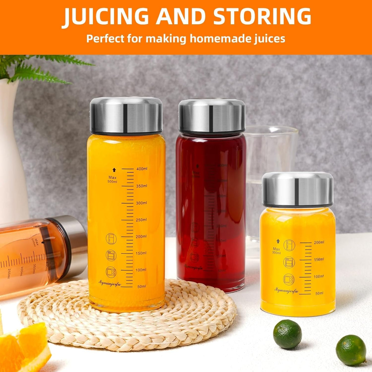 Glass Juice Bottles 6 Pack 16 oz - Wide Mouth Glass Water Bottles with Lids - for Juicing, Smoothies, Milk, Protein, BPA Free, Reusable, Stainless Steel Lids, Leak Proof, Shaker bottle (16oz/500ml)