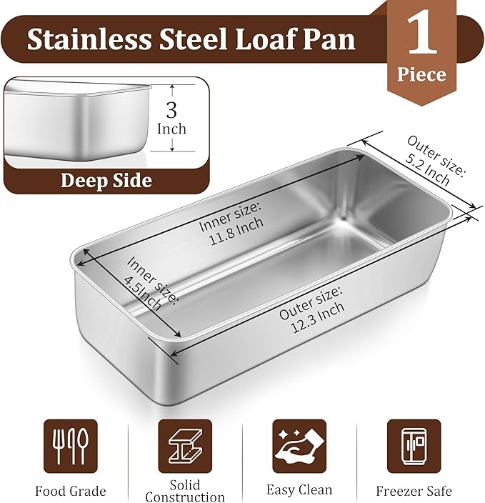 TeamFar Loaf Pan, 12 x 5 Inch Stainless Steel Loaf Pans for Baking Bread, Large Bread Loaf Baking Pan for Homemade Bread, Meatloaf, Cake, Brownies, Non-Toxic, Heavy-duty, Oven & Dishwasher Safe