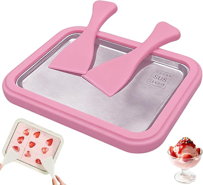 Rolled Ice Cream Maker Kit, At-Home Instant Freeze Plate with 2 Scrapers, 9×7 inch, DIY Stainless Steel 304 Homemade Iced Tray (pink)