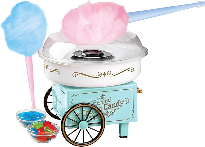 Nostalgia Vintage Hard and Sugar Free Candy Countertop Cotton Candy Maker, Includes 2 Reusable Cones And Sugar Scoop – Aqua
