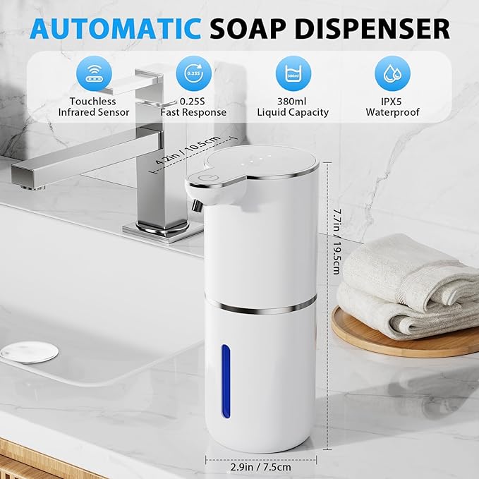 Fantictas Automatic Soap Dispenser,Touchless Automatic Foam Soap Dispenser 380ML, USB Charging 4 Adjustable Levels Wall Mount for Kitchen & Bathroom, White