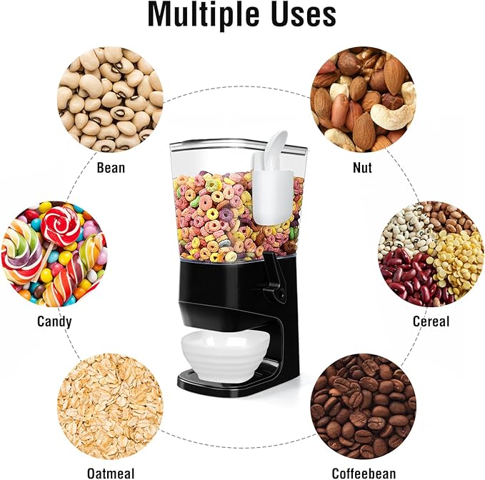 Cereal Dispenser Countertop Wath Bowls and Spoons Cereal Containers Storage for Pantry Snack Organizer Dry Food Storage Container with Lid for Kitchen Organization Oatmeal Nut Granol（Black 1 pack ）