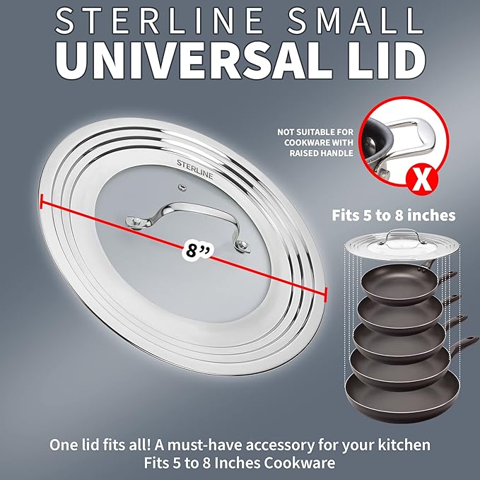 Small Universal Lid,Fits 5,8 Inch Cookware,Tempered Glass Top with Steam Vent for Pots, Pan, and Cast Iron Skillets,Stainless Steel Replacement Pot Lid for Kitchen Organizing, Space Saving