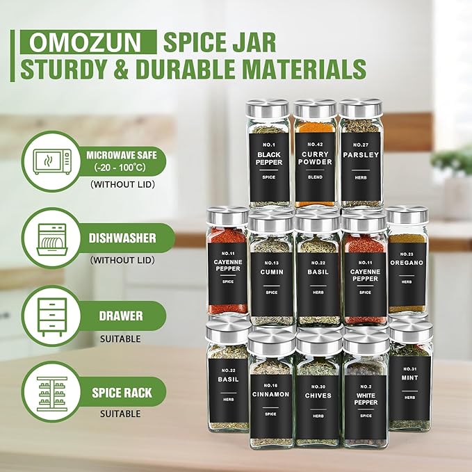 Spice Jars with Label, 24pcs 4oz Glass Spice Jars with Stainless Steel Lids, Square Spice Containers with 304 Labels and Shaker Inserts, Empty Seasoning Bottles for Drawer, Cabinet, Organizer