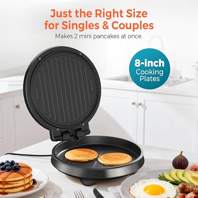3-in-1 Electric Griddle & Panini Press - CACHOO 8" Nonstick Round Griddle and Sandwich Press with On/Off Switch, 180° Open Design, Perfect for Pancakes, Omelettes, Quesadillas, Veggies (Black)