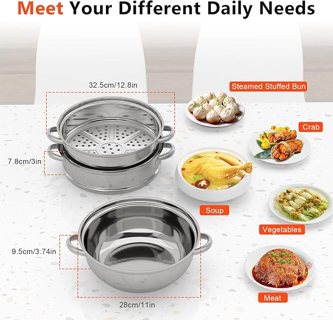 3-Tier Food Steamer Pot for Cooking - 12.8in Stainless Steel Steamer w/Lid Cookware For Vegetable,Dumpling, Crab, Stock