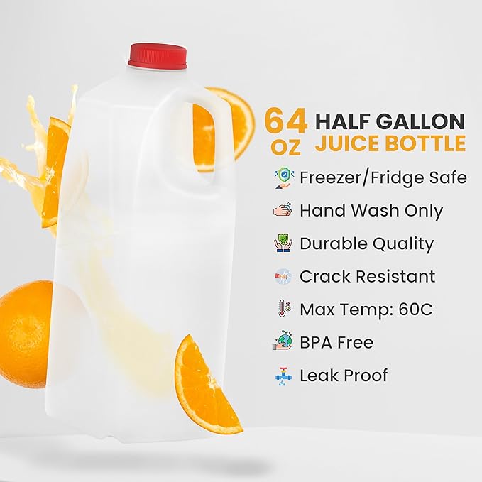 KitchenDine Plastic Milk Bottles, 64 Oz HDPE Material, Juice Bottle with Red Tamper-Evident Caps, Set of 3, Clear bottle with Red cover - half gallon jug