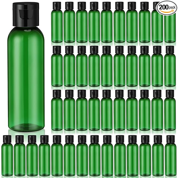 Zhehao 200 Pcs 2 oz Green Plastic Empty Bottles Small Travel Size Bottles with Flip Cap Empty Transparent Dispenser Container for Liquids Toiletries Shampoo Lotion (Black Cap)
