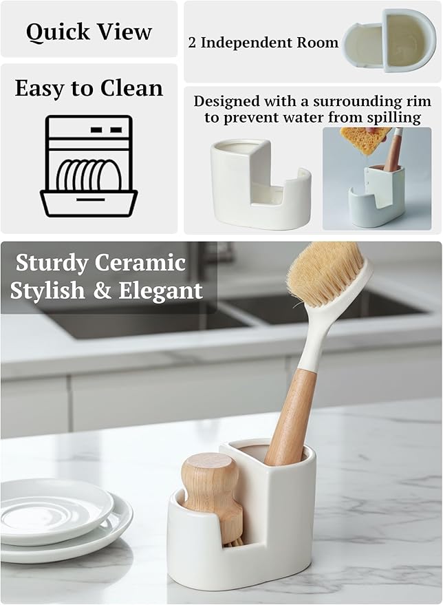 Ceramic Sponge Holder for Kitchen Sink, 2-in-1 Sponge & Brush Organizer, Compact Countertop Sink Caddy with Raised Edge to Catch Drips, Keeps Countertops Dry, Dishwasher Safe, Rustproof, White