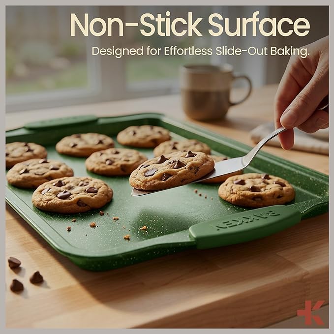 BAKKEN Kitchen Baking Pan Set - Nonstick Green Marble Coating, Carbon Steel Bakeware Sets with Green Silicone Handles, Kitchen Essentials, PFOA, PFOS, PTFE Free, Oven Safe (Up To 450° F), Set of 6