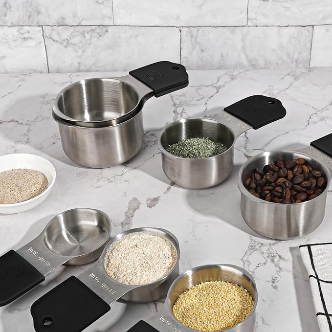 Magnetic Measuring Cups and Spoons Set of 16,Stainless Steel Magnetic Measuring Cups Set 7 and Magnetic Measuring Spoons Set of 8 with Leveler for Dry Liquid Ingredients (7, Black)
