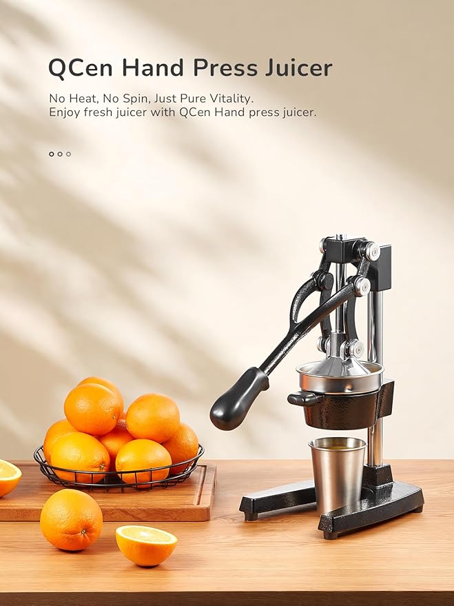 QCen Professional Cast Iron Manual Juicer, Heavy Duty Citrus Press with Stainless Steel Strainer, Easy-to-Clean Hand Squeezer for Orange, Lemon, Lime and Grapefruit - Black (Black)