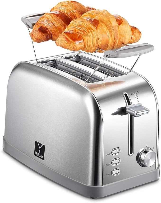 Yabano Retro Bagel Toaster - 2 Slice, 2 Extra Wide Slots, 7 Shade Settings, Defrost/Bagel/Cancel, Removable Crumb Tray, Stainless Steel, Silver