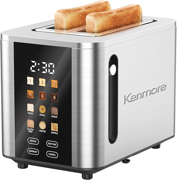 Kenmore 2-Slice Digital Touchscreen Toaster - 900W Stainless Steel, Wide Slots 6 Shade Settings, Bread Presets, Countdown Timer, Reheat & Defrost Functions Compact Countertop Design tostadora digital