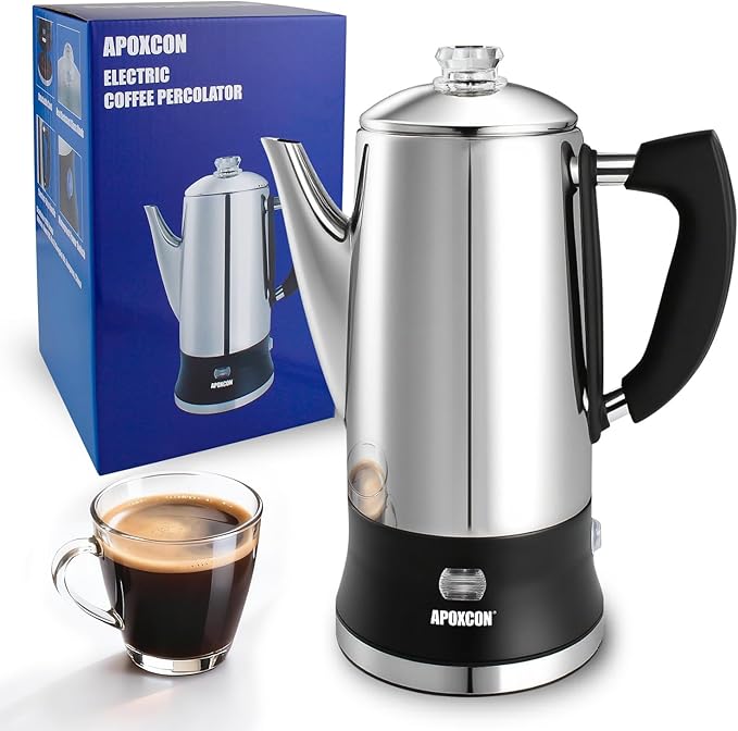 APOXCON Electric Coffee Percolator Stainless Steel Coffee Maker with Clear Brew Progress Tough Glass Knob and On/OFF Switch Classic Coffee Pot with Keep Warm & Cordless Serve No Aluminum (12 Cup)