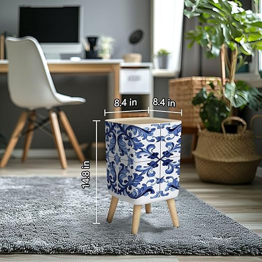 Small Trash Can with Lid Sicilian ceramic style tile featuring blue decorative flourishes Wastebasket with Press Cover Dog Proof Garbage Can Waste Bin for Kitchen Bathroom Nursery 2.6 Gallon