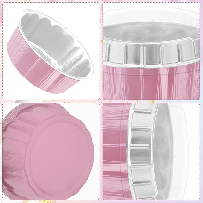 Tessco for you 100 Pcs Disposable Ramekins with Lids 8 oz Creme Brulee Ramekin Aluminum Foil Cup Cupcake Liner Baking Valentines Disposable Muffin Tin Pan Cheesecake Container (Pink,Silver)
