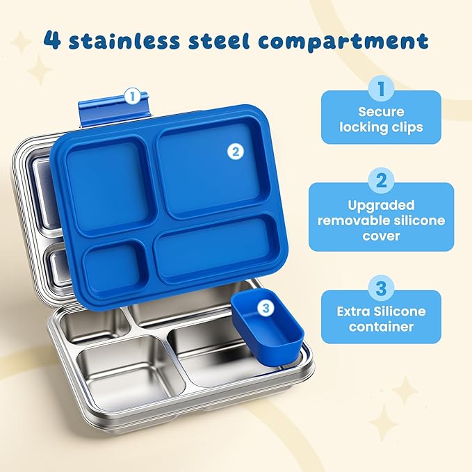 Stainless Steel Bento Box, 4-Compartment Metal Lunch Box with Removable Silicone, Lunch Container for Kids & Adults with Silicone Inner Container, School, Office, Dishwasher Safe(Blue)