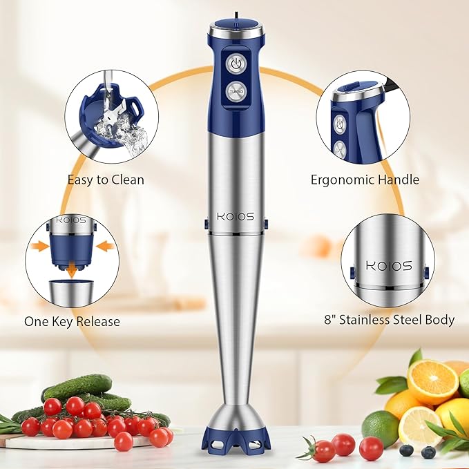 KOIOS Immersion Blender, 1000W Anti-scratch 3-in-1 Hand Blender, Upgraded 12 Speed Stainless Steel Blade Stick Blender with Turbo Mode, Whisk and Milk Frother, Non-BPA, Blue