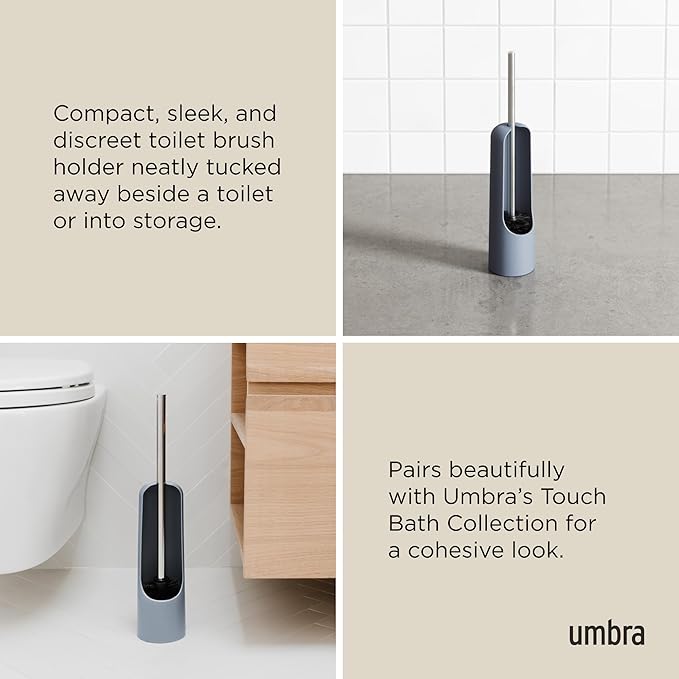 Umbra Touch Toilet Brush with Hideaway Holder – Durable, Slim, Plastic and Metal Bowl Cleaner with Bristles, Slate Blue