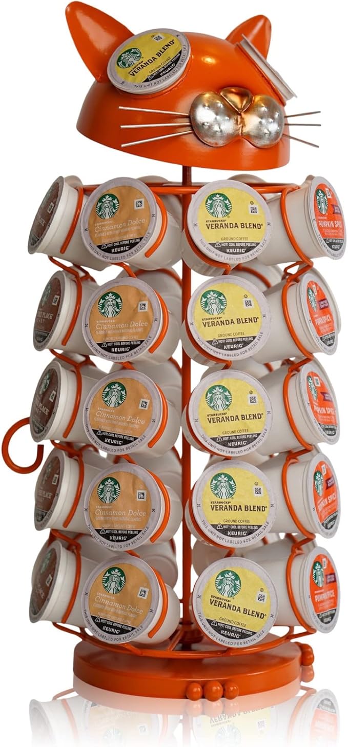Made Easy Kit Carousel Coffee Pod Holder, Compatible with Keurig K-Pods K-Cups, Countertop Rack Storage Organizer, Metal Home and Kitchen Decor, Capsule Café Station Bar (Large, Orange Cat)