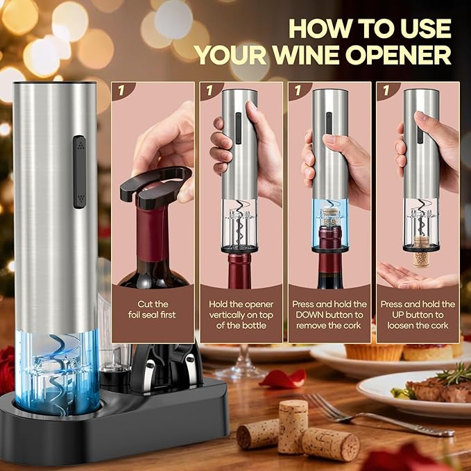 Electric Wine Opener,Rechargeable Automatic Wine Opener Corkscrew Opener Set With Wine Stopper, Foil Cutter, Wine Aerator,Storage Base & USB-C Cable Christmas Gifts for Wine Lovers