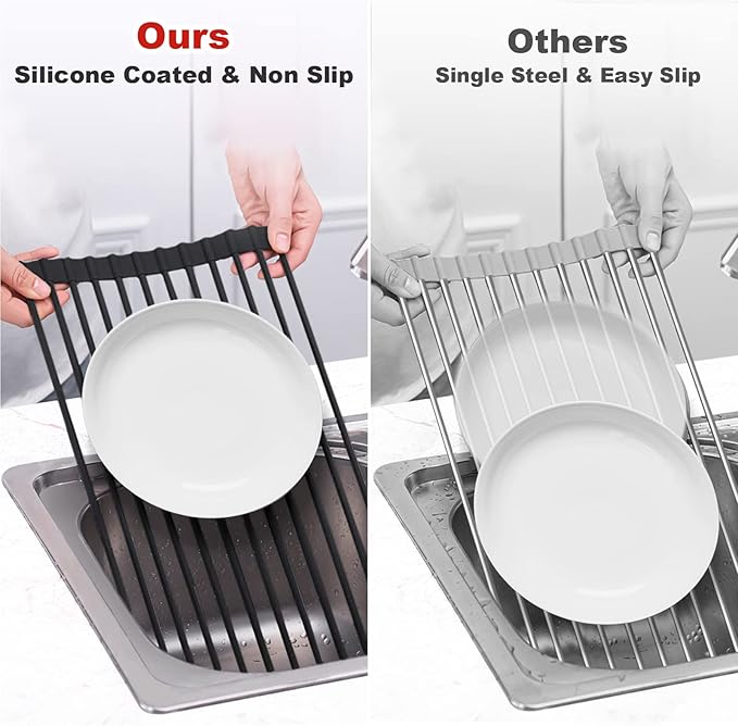 MERRYBOX Roll Up Dish Drying Rack, Silicone Wrapped Over The Sink Dish Rack Foldable Dish Drainer Anti-Slip Dish Racks for Kitchen Counter, Multipurpose Kitchen Sink Drying Rack, 18" x 13", Black