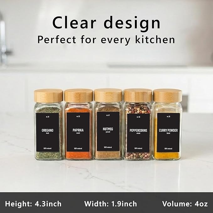Deco haus Glass Spice Jars with Bamboo lids 24 x 4oz [LABELS incl] Spice Containers with 280 Labels, Funnel & Chalk Marker - Empty Herb Seasoning Containers, Small Seasoning Bottles for Herb