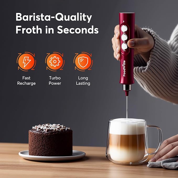 FoodVille MF02 Rechargeable Milk Frother Handheld Foam Maker with Stainless Whisk for Cappuccino, Latte, Bulletproof Coffee, Keto Diet, Protein Powder, Matcha (Viva Red)