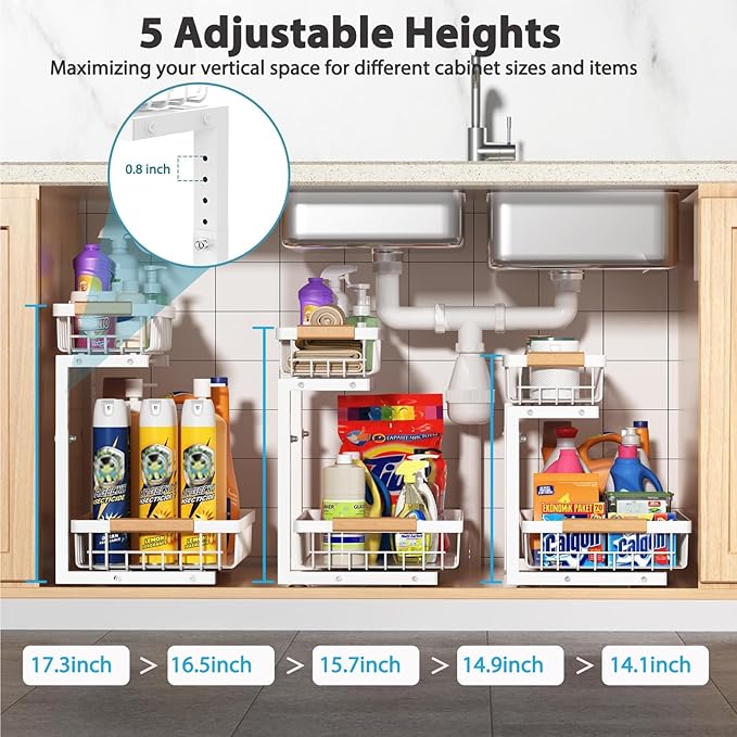 Liuoud Under Sink Organizer 2 Pack, 2 Tier Slide Out Large Capacity Height Adjustable Under Sink Organizers and Storage for Kitchen Bathroom Cabinet, White