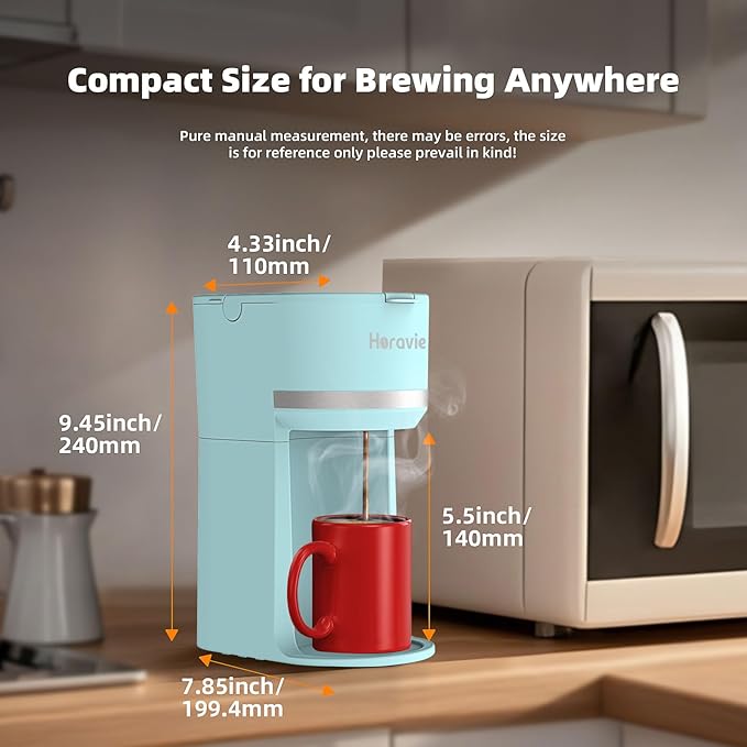 Horavie Mini Single Serve Coffee Maker for K-Cup Pod and Ground Coffee, Fast Brew One Cup Coffee Machine with Descaling Reminder and Water Window, 6 to 12 oz. Brew Sizes, Light Blue