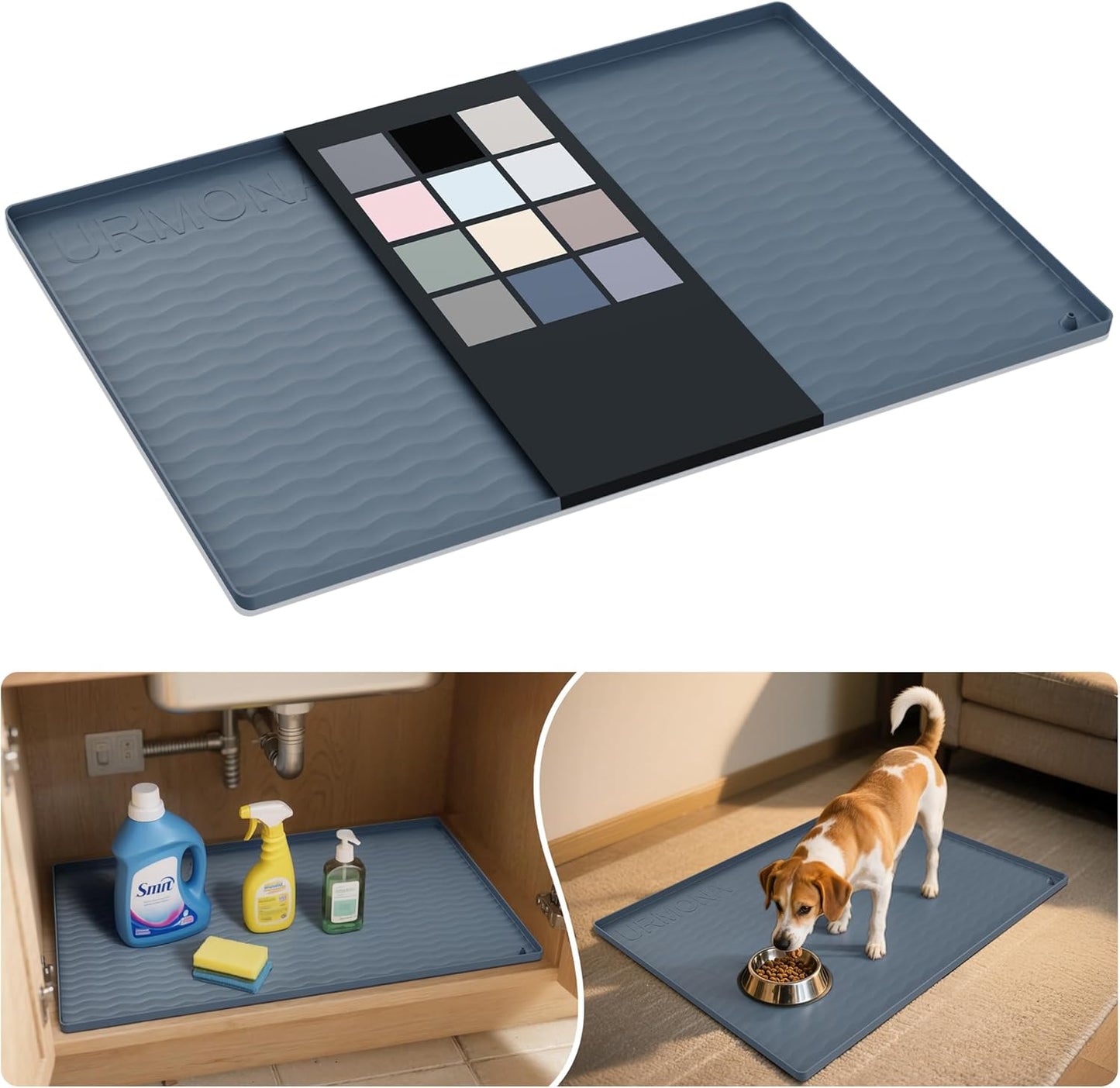 URMONA Waterproof Silicone Under Sink Mat 19'' x 19'' Shelf Liner for Kitchen and Bathroom, Cabinet and Counter Protector, Storage and Organizers, Litter Mat, Pet Cat Puppy Essentials(Dark Grey)