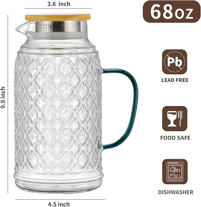 Buaic Glass Pitcher with Lid, 2 PACK 68 oz/2 Liter Vintage Water Pitcher With Serving Tray, Clear Borosilicate Glass Water Carafe for Cold Brew, Coffee, Lemonade, Iced Sun Tea,Beverage, Heat Resistant