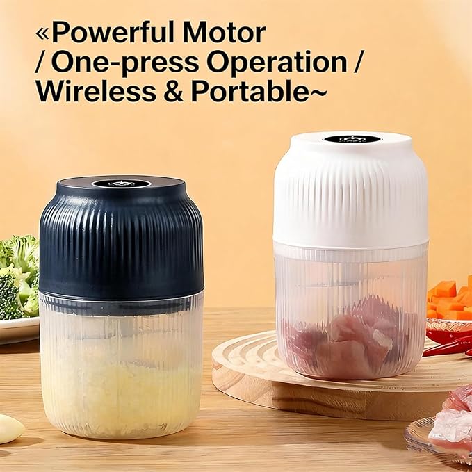 Electric Garlic Chopper, Mini Portable Veggie Cutter, Garlic Grinder Masher Onion Chopper, Quick & Compact, for Ginger, Chili, Fruit, Meat (White+Blue)