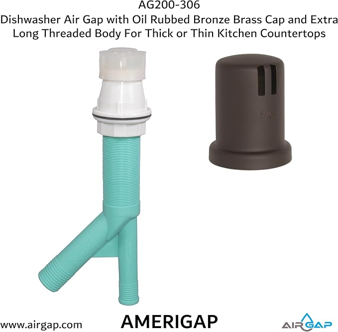 Dishwasher Air Gap with Skirted Oil Rubbed Bronze Brass Cap and Extra Long Threaded Body for Thick or Thin Kitchen Countertops (AG200-306, AG200-X06, AMERIGAP)