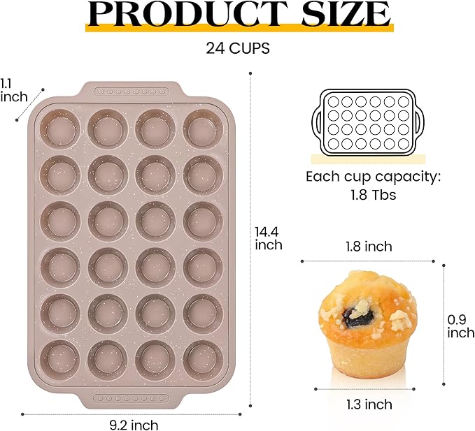 2 Pcs Silicone Muffin Pans for Baking with Metal Reinforced Frame, Nonstick Cupcake Tray for Oven, 24 Cups Mini Size Silicone Molds for Egg Bites, Dishwasher Safe (Brown, Cream)