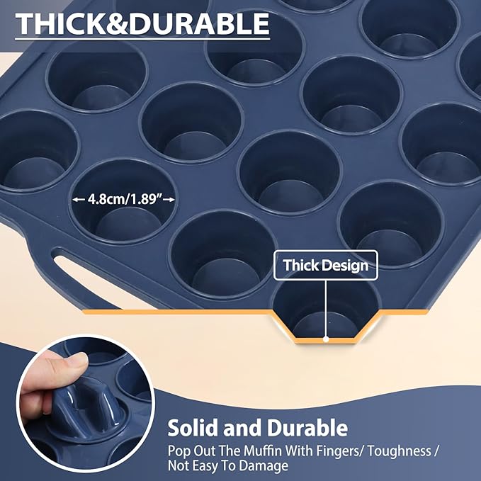 2 Pack Mini Silicone Muffin Pan with Metal Frame, Non Stick Silicone Cupcake Pan with Handles 24 Cup, BPA Free Silicon Muffin Tin Tray Small for baking, egg bites, Cupcake Mold Grey