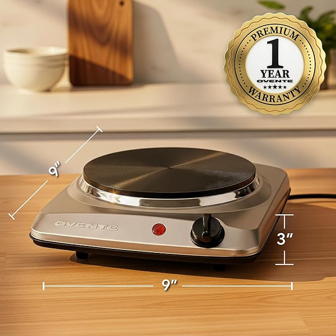 OVENTE Electric Countertop Single Burner, 1000W Cooktop with 7.25 Inch Cast Iron Hot Plate, 5 Level Temperature Control, Compact Cooking Stove and Easy to Clean Stainless Steel Base, Silver BGS101S