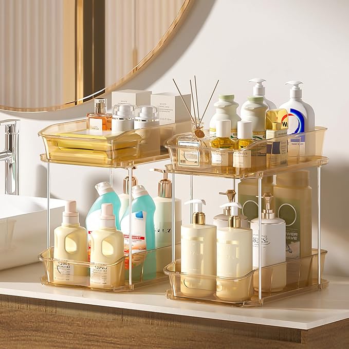 Delamu 2-Tier Under Sink Organizers and Storage, Multi-Purpose Stackable Bathroom Cabinet organizers, Pull Out Kitchen Pantry Organization and Storage with Dividers(4 Pack, Amber)