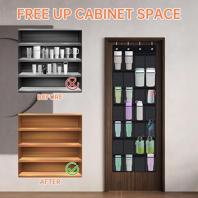 NiHome 28-Pocket Over-the-Door Organizer for Stanley Cups, Large Tumblers, Water Bottles, Travel Mugs, Lids, Space-Saving Elastic Mesh Bottle Holder for Kitchen, Pantry, RV, Cabinet Doors (Black)