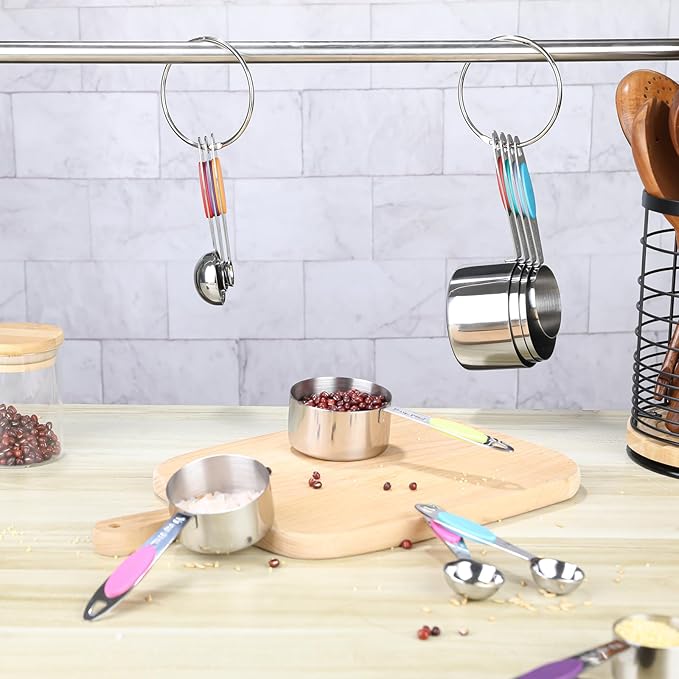 Magnetic Measuring Cups and Spoons Set, 12 Piece Stainless Steel Measuring Cups and Spoons Set, Nesting Kitchen Gadgets with Removable Clasp for Cooking & Baking (Colorful)